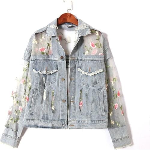 Fashion Flowers Embroidery Lace Splicing Denim Jacket Female Korean Loose 2021 Summer Light blue Long sleeve Casual Jeans Jacket