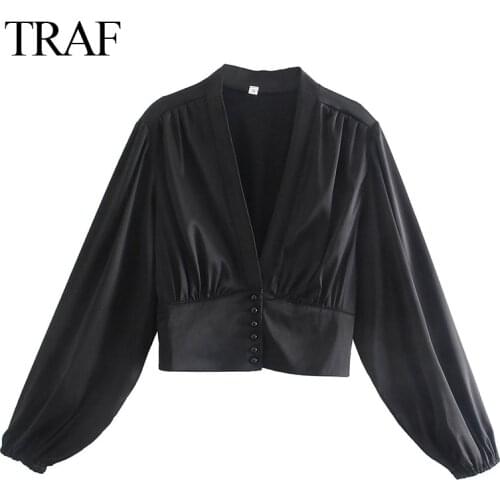 TRAF Women’s Clothes Solid Color Za Gloss V-neck Single-breasted Simple Casual Long-sleeved Fashion Temperament Elegant Shirt