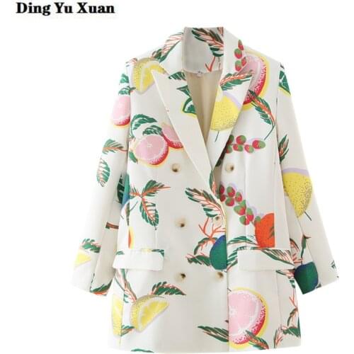 Womens Blazers 2021 Autumn Winter Double Breasted White Suit Jacket for Women Elegant Fruit Print Blazer Femme Casual Coats