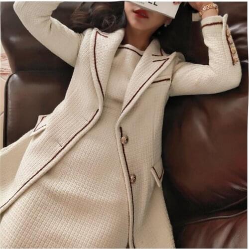 Celebrity elegant blazer coat + mini dress tweed knitted 2 piece set office lady woolen suit set stripe patchwork women set Y660