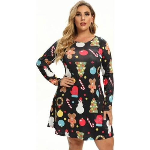5XL Plus Size Women Autumn Winter Christmas Dress Long Sleeve Santa Claus Print Christmas Party Dress O Neck Mini Dresses Casual