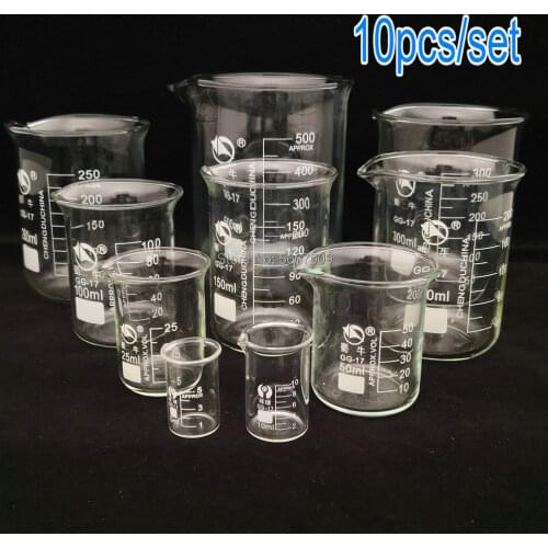 10pcs/set lab 5ml 10ml 25ml 50ml 100ml 150ml 200ml 250ml 300ml 500ml GG-17 Graduated Transparent Borosilicate Glass Beaker