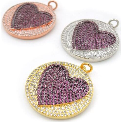 25*25*3mm Micro Pave Clear&Fuchsin CZ Round Of Heart Relief Charms Fit For Men Or Women Making Necklaces Jewelry