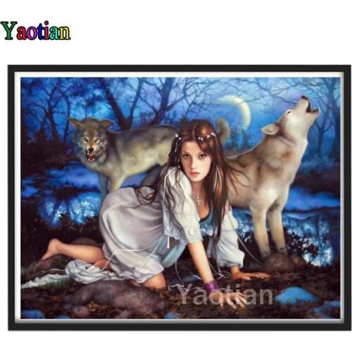 5D Diy Diamond Painting Sexy Woman And Wolf Full Square Round Drill Diamond Embroidery Mosaic Fantasy Forest Mandscape