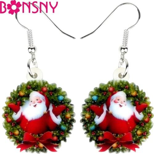 Bonsny Acrylic Christmas Happy Santa Claus Garland Earrings Drop Dangle Decoration Jewelry For Women Girls Ornaments Gift Bijoux