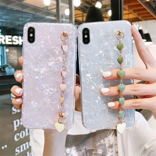 Love Heart Wrist Chain Phone Case For Samsung Galaxy S20 S8 S9 S10 Plus S20FE S21 Note 10 20 Ultra Pink White Marble Soft Cover