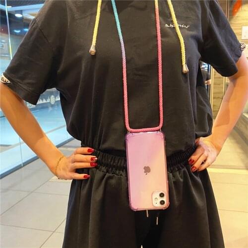 Necklace Lanyard Rainbow Gradient Phone Case For xiaomi Redmi K20 K30 Note 6 5 Pro mi A3 Lite A2 CC9 CC9E Soft Airbag Back Cover