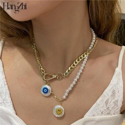 HANGZHI 2021 New Metal Pearl Smiley Devil Eyes Asymmetry Pendant Chain Necklace for Women Girls Party Travel Jewelry Gifts