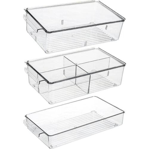 Refrigerator PET Food Storage Box Container with Lid And Divider Large Capacity Fridge Organizer with Compartments