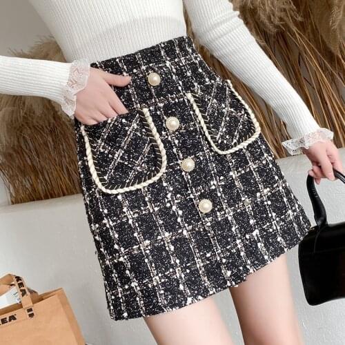 Korean elegant tweed woolen mini skirts for women high waist double pockets buttons plaid woman skirts autumn winter short skirt
