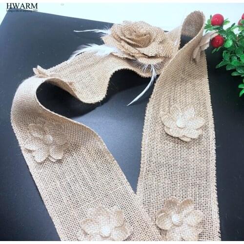 2yard 10cm linen lace fabric ribbon with linen feather rose flower christmas decoration for home wedding accessories DIY trim