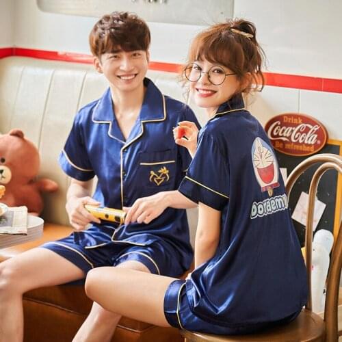 Summer Ice Silk Couple Pajamas Womens Thin Short Sleeve Suit Lovely Womens Or Mens homewear Set