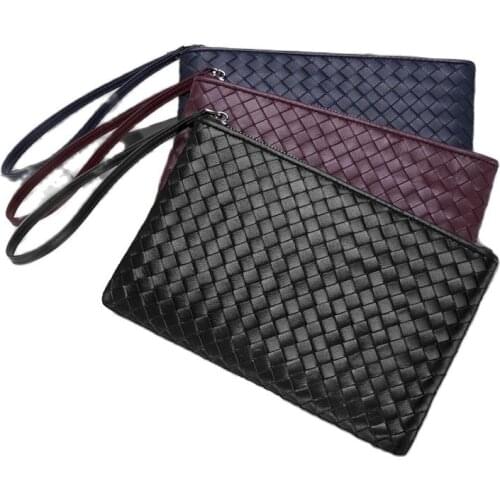 2020 AW Handmade weaved sheep leather wristlet clutch men Luxury genuine Leather designer slim pouch bag Knitting handbag men