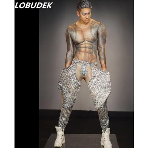 2019 Muscle Men Pole Dancing Costume Tattoo Leotard Stretch Jumpsuit 3D Rune Print Jumpsuits Tights Bar Club Sexy DJ Stage Wear