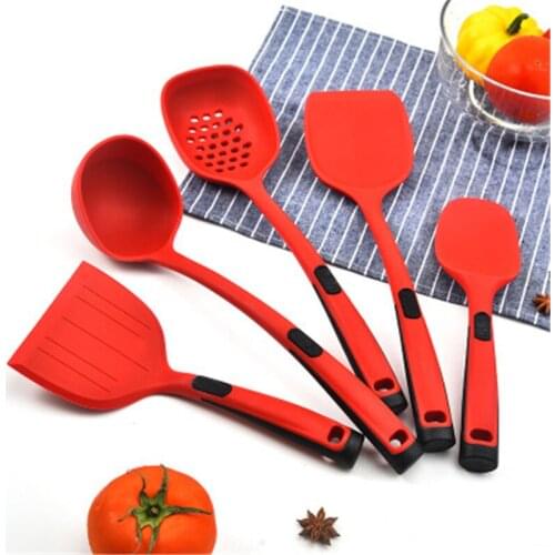 5PCS Red Heat Resistant Kitchen Utensils Set Silicone Spatula Mixing Spoon Turner Ladle Non-stick Cooking Tools Set