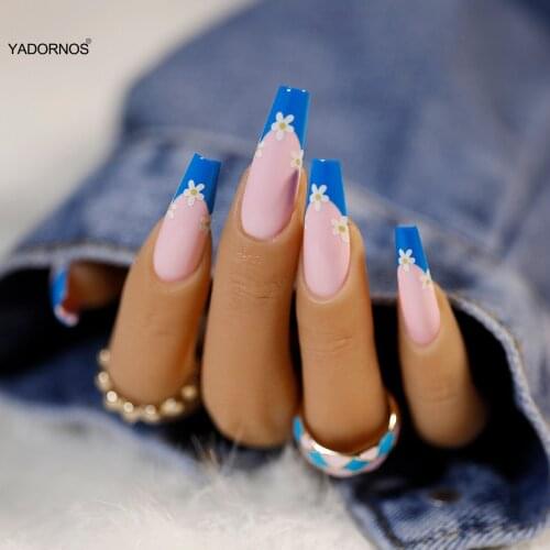 24pcs Nail Fake Acrylic Floral Printed Nail Patch Glue Type Removable Long Paragraph Fashion Manicure Save Time False Nail