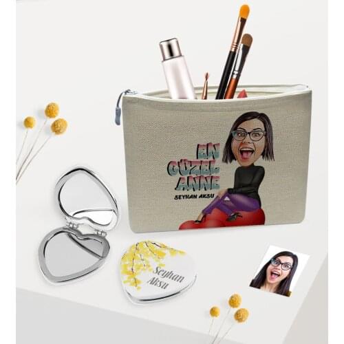 Tailor-made The Most Beautiful Mother Caricature Of Linen Makeup bag And Heart Mirror set
