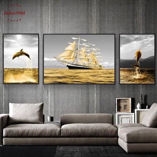 Modern Home Decoration Golden Sailboat Dolphin Pattern Canvas Paintings Seascape Posters and Prints Wall Art For Living Room
