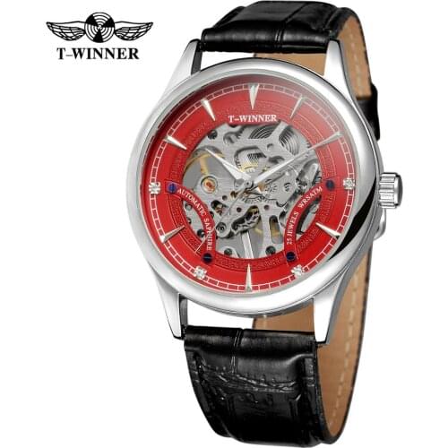 T-WINNER fashion casual mens watch red dial silver case black leather strap automatic mechanical watch