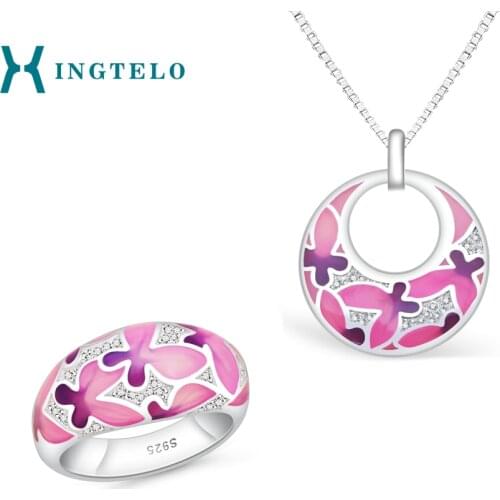 XINGTELO Crystal Ring 925 Sterling Silver Jewelry Set Pink Butterfly Ring Pendant Silver Necklace Brides Wedding Accessories