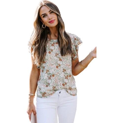 Green/Pink Floral O Neck Ruffle Short Sleeve Tee Women Casual Back Button Closure Summer T Shirts Top