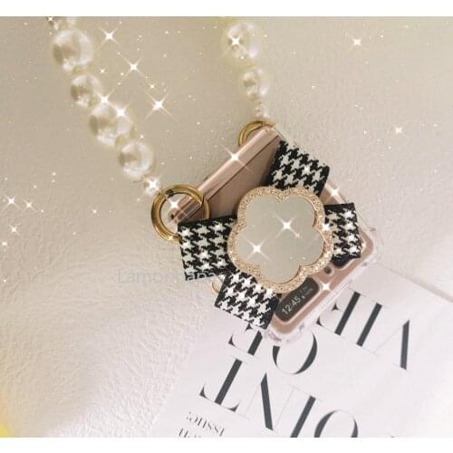 Mirror Case for Samsung Galaxy Z Flip 5G Case with Pearl Chain Wristband Vintage Bow Shockproof Shell for Samsung Z Flip Case