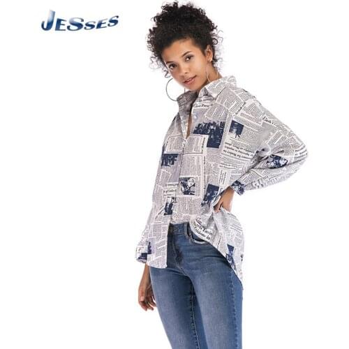 Ladies High Street Style Shirt Long Sleeve Trend Lapel Top Single-breasted Button Newspaper Print Streetwear Spring Loose Blusas