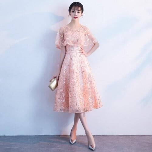 Sweet Pink Womens Dresses Shiny Lace Dress Knee Length Womens A-Line Prom Party Dresses Formal Female Gowns