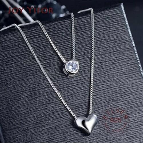 925 sterling Silver Necklace Double Layer Chain Zircon Heart Pendants Necklaces For Women kolye Choker