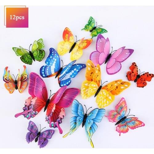 12pcs 3D Three-dimensional Double Layer Simulation Butterfly Living Room Party Wedding Decor Pvc Color Butterfly Wall Stickers
