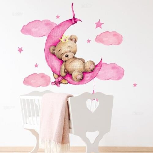 BRUP Pink Sweet Sleeping Bear Wall Stickers Clouds Stars Wall Decals Baby Nursery Room Decoration Living Room Bedroom stickers