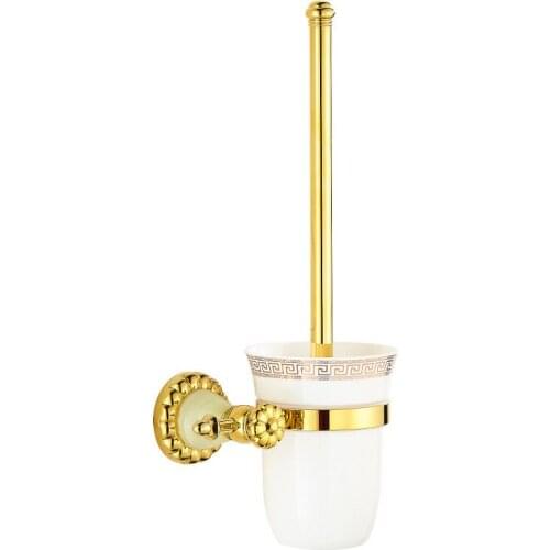 Toilet Brush Holder Wall Mounted Copper Toilet Brush Rack Ceramic Cup Crystal Base Gold Finished Brush Holder Bathroom Hardware