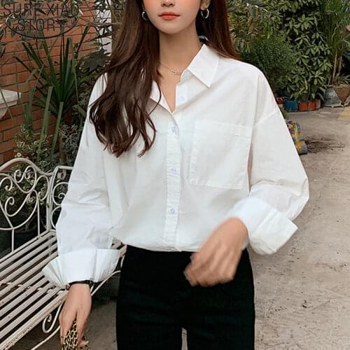 Oversize Long Shirt Spring White Blouse Cotton Shirt Women Long Sleeve Pocket 2021 Korean Fashion Loose Shirts Blusas Tops 13214