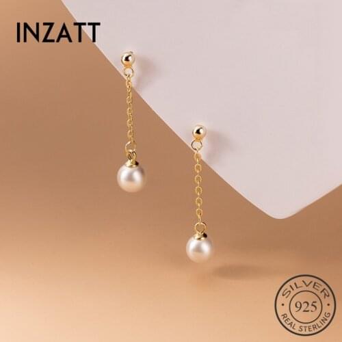 INZATT Real 925 Sterling Silver Geometric Round Pearl Stud Earrings For Fashion Women Fine Jewelry Chain Tassel Accessories