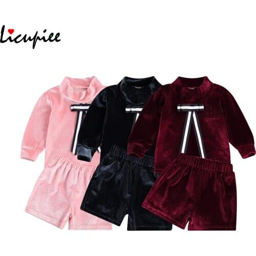 Princess Baby Girls Clothes Sets Velvet Solid Turtleneck Long Sleeve Bowknot Tops Shorts 2pcs 0-4 Years