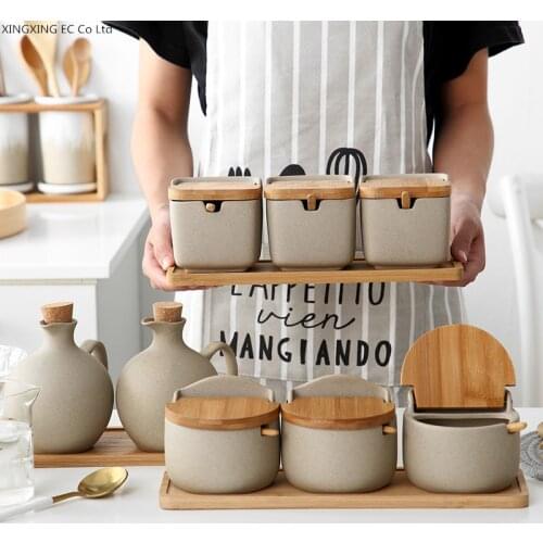 Japanese Style Seasoning Box Sugar Bowl Household Pottery Seasoning Jar with Lid Salt Jar Olive Oil Bottle Kitchen Supplies