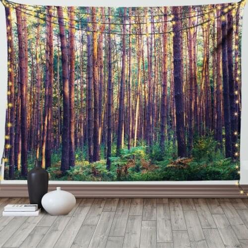 Forest Tapestry Woodland in the Morning Tall Trees Satin Fabric Wall Hanging for Bedroom Living Room Dorm Meeting Background