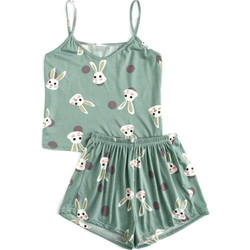 Hirigin Cartoon Women Pajama Sets Sleepwear Nightwear Animals Print V-neck Strap Tanks Tops Empire Shorts Pants Pajama Sets 2021