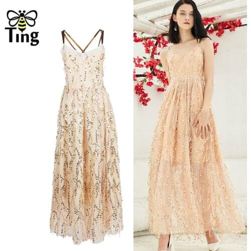 Tingfly Glitter Elegant Luxury Night Long Maxi Party Dresses Sexy Backless Cross Strap Sequines Dress Summer Casual Vestidos