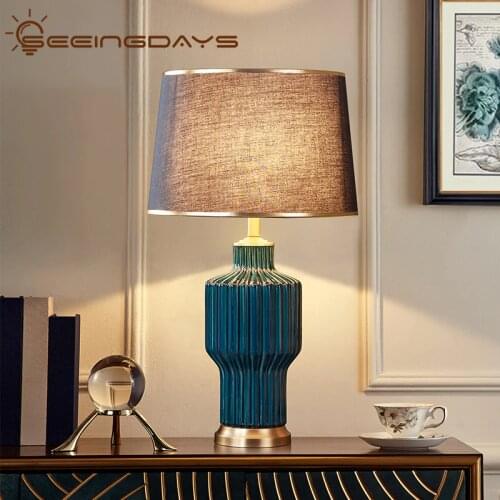Light Luxury Blue Ceramic Modern Table Lamps for Living Room Bedroom Bedside Lamp American Study Room Decoration Lamp