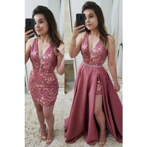 Sexy A-Line Long Lace V-Neck Evening Dresses with Detachable Skirt Satin Floor Length V-Back Formal Party Dresses for Women