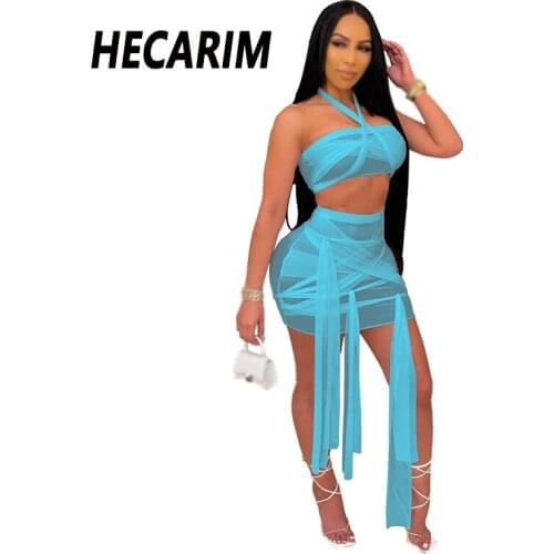 HECARIM Sexy Mesh Sheer Two Piece Sets Summer Dress Sets For Women Crop Top Mini Skirt Suits Vacation Swimsuit Bathing Suits