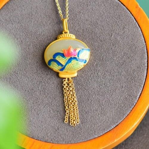 Retro Silver Necklace 2020 New Womens Sweater Chain Hotian Jade Pendant Jade Burning Blue Lotus Chinese Style Jewelry