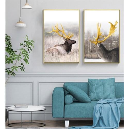 Nordic Geometric Golden Abstract Deer Wall Art Print Picture Canvas Painting Elf Animal Poster for Living Room Home Decoration