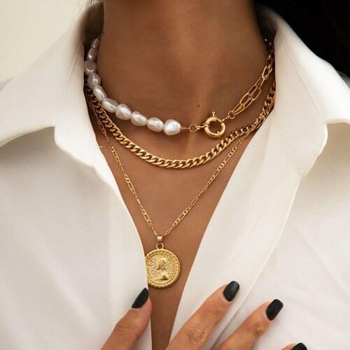 SRCOI Trendy Geometric Three-Layer Portrait Pendant Necklace Simple Imitation Pearl Retro necklace Women Temperament Jewelry