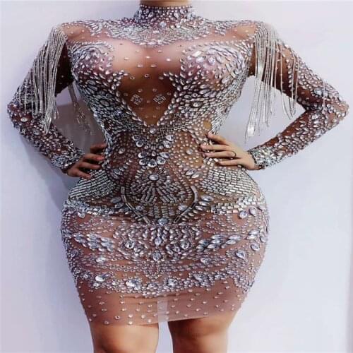 V32 Sexy women pole dance dress crystal sparkly bag hip skirt mesh rhinestones long sleeve siamese diamonds outfit tassel clothe