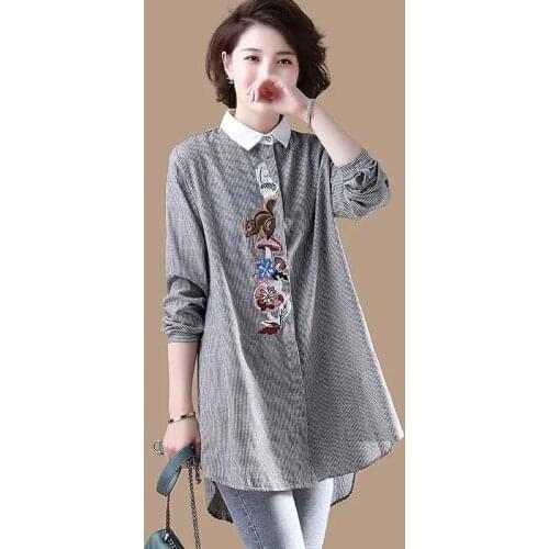 Plus size 5XL Long Shirt Women Blouse Striped Embroidery Flowers Ladies Office Shirt Middle-aged mother Long sleeve Casual