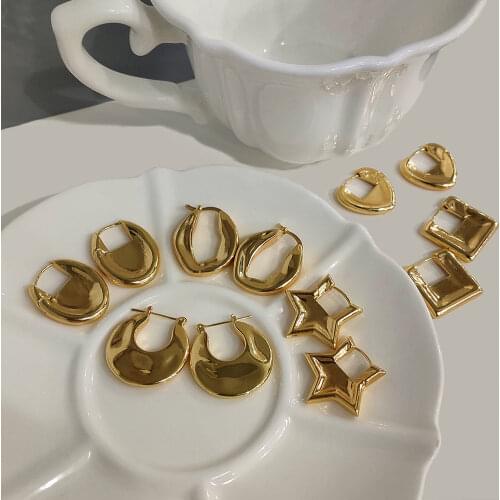 Flatfoosie Fashion Geometric Small Hoop Earrings For Women Gold Brass Round Heart Chunky Wide Huggie Earrings Minimalist Jewelry