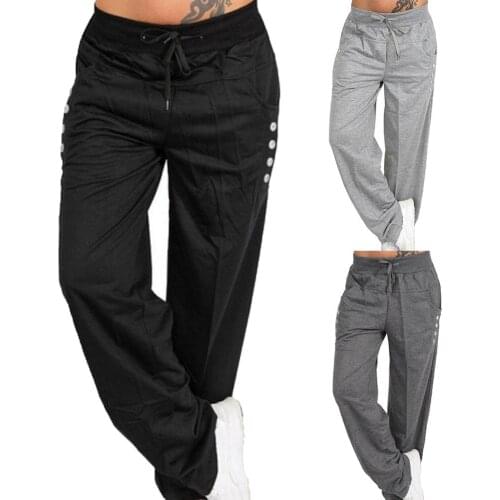 Women Solid Color Elastic Waist Drawstring Button Pocket Straight Trousers Pants