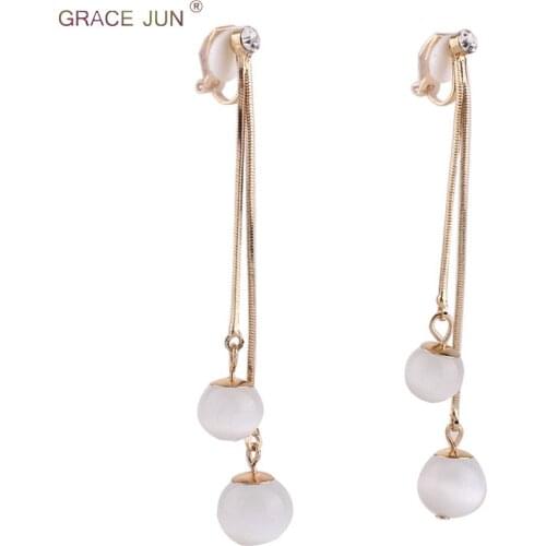 GRACE JUN Fashion Luxury Clip on Earring and Long Style Tassel Pierced Earrings for Women Party Wedding Charm Earrings Wholesale